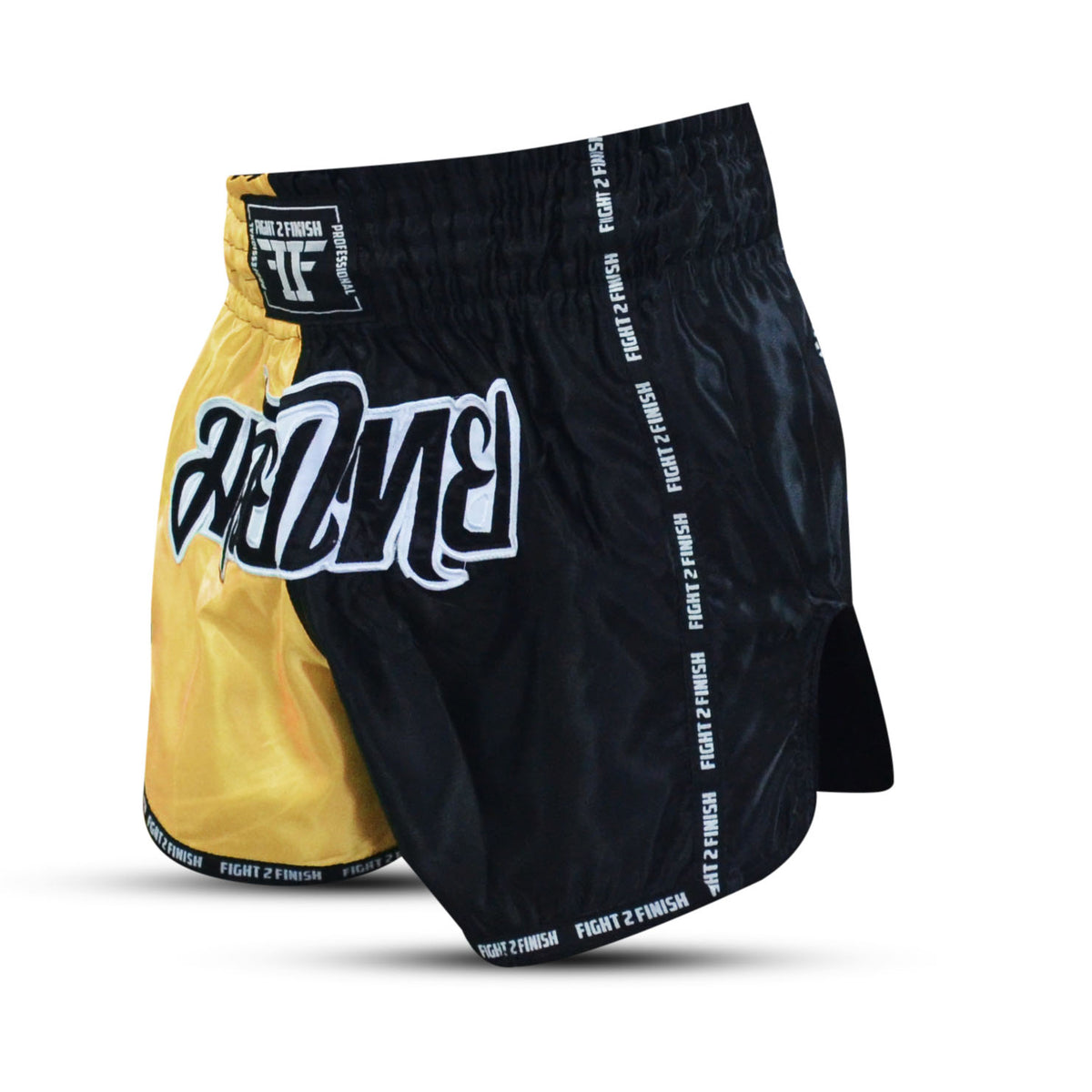 FIGHT 2 FINISH GOLD/BLACK ELITE THAI SHORTS