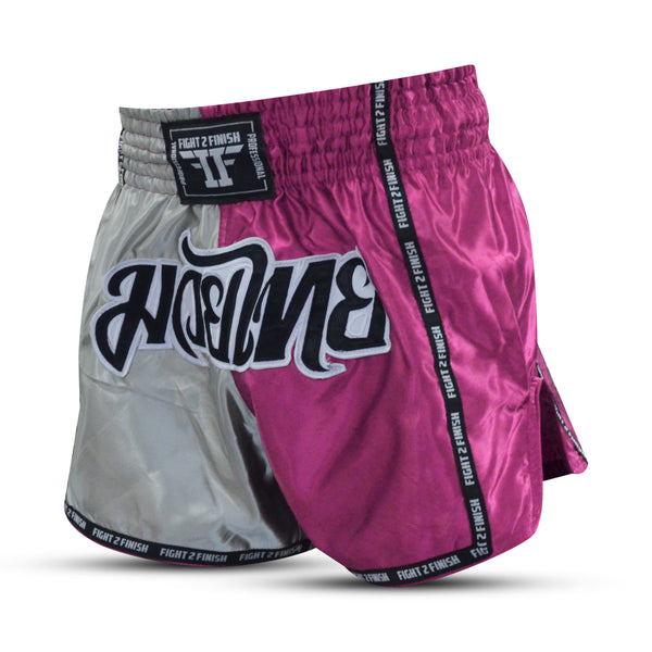 FIGHT 2 FINISH SILVER/FLU PINK ELITE THAI SHORTS