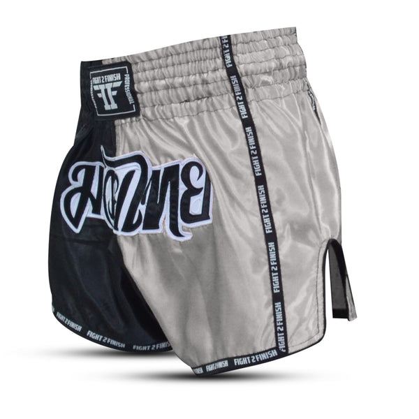 FIGHT 2 FINISH SILVER/BLACK ELITE THAI SHORTS