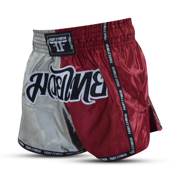 FIGHT 2 FINISH SILVER/BURGUNDY ELITE THAI SHORTS