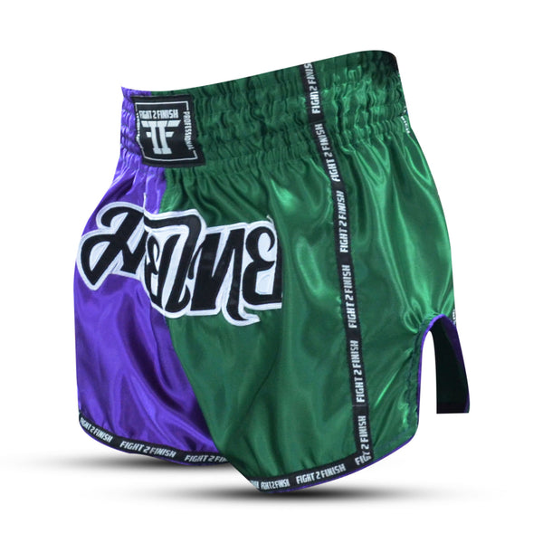 FIGHT 2 FINISH PURPLE/GREEN ELITE THAI SHORTS
