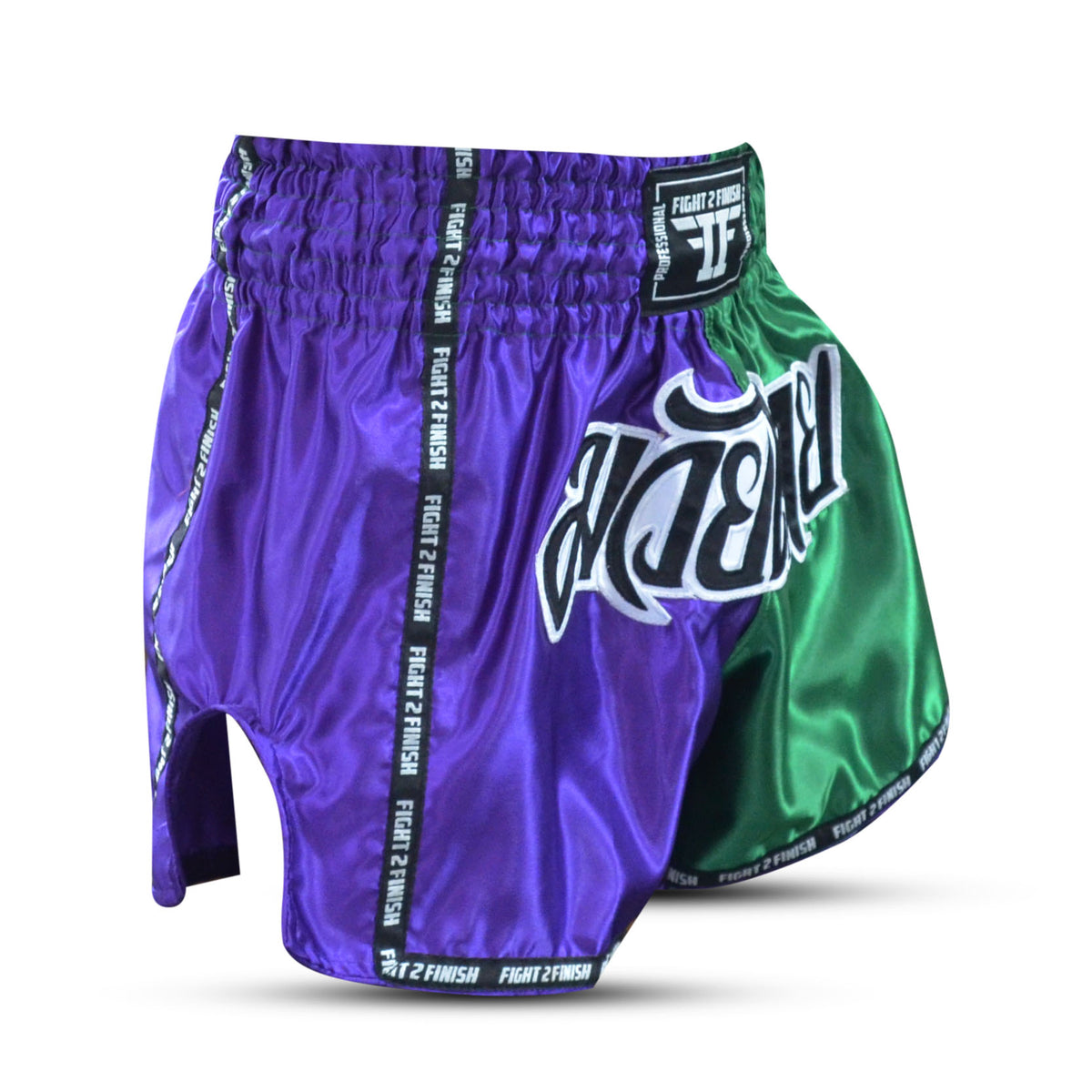 FIGHT 2 FINISH PURPLE/GREEN ELITE THAI SHORTS