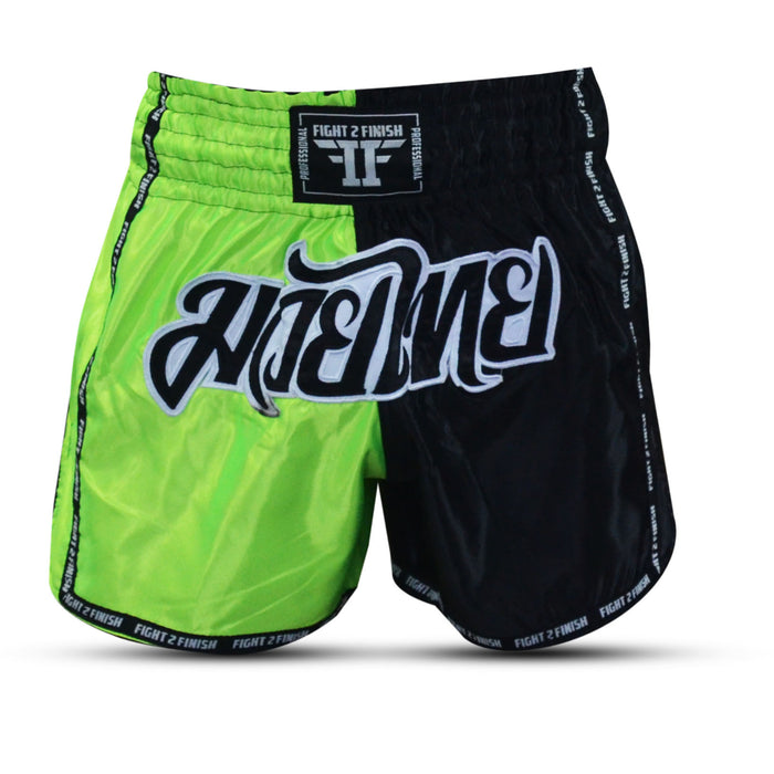 FIGHT 2 FINISH FLU GREEN/BLACK ELITE THAI SHORTS