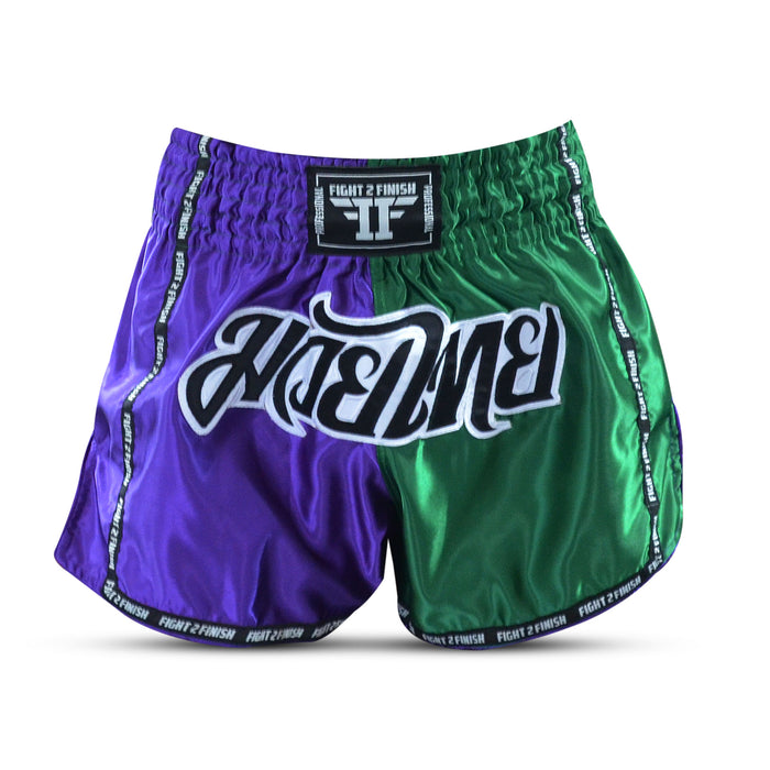 FIGHT 2 FINISH PURPLE/GREEN ELITE THAI SHORTS