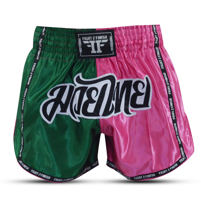 FIGHT 2 FINISH FLU PINK/GREEN ELITE THAI SHORTS