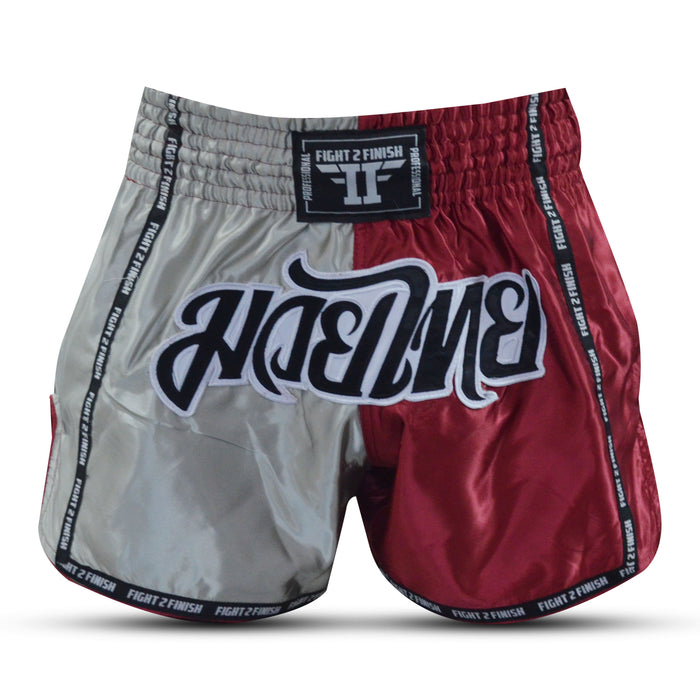 FIGHT 2 FINISH SILVER/BURGUNDY ELITE THAI SHORTS