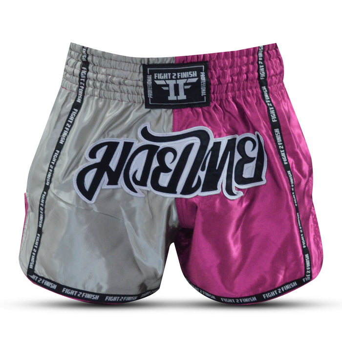 FIGHT 2 FINISH SILVER/FLU PINK ELITE THAI SHORTS