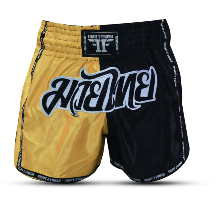 FIGHT 2 FINISH GOLD/BLACK ELITE THAI SHORTS