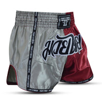 FIGHT 2 FINISH SILVER/BURGUNDY ELITE THAI SHORTS