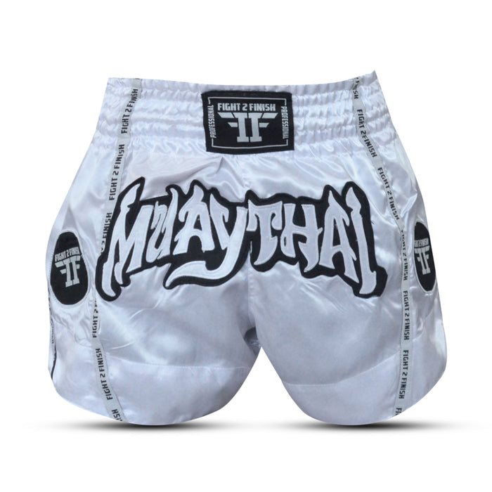 FIGHT 2 FINISH WHITE ELITE THAI SHORTS