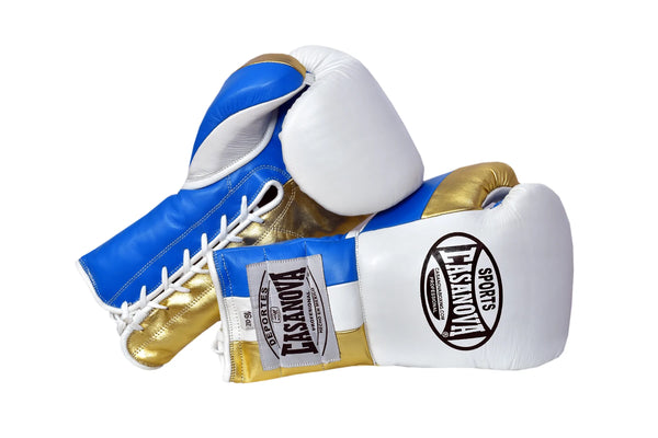 Casanova Boxing® Professional Lace Up Training Gloves - White w /Blue/Gold Thumb