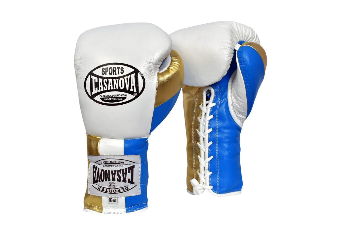 Casanova Boxing® Professional Lace Up Training Gloves - White w /Blue/Gold Thumb
