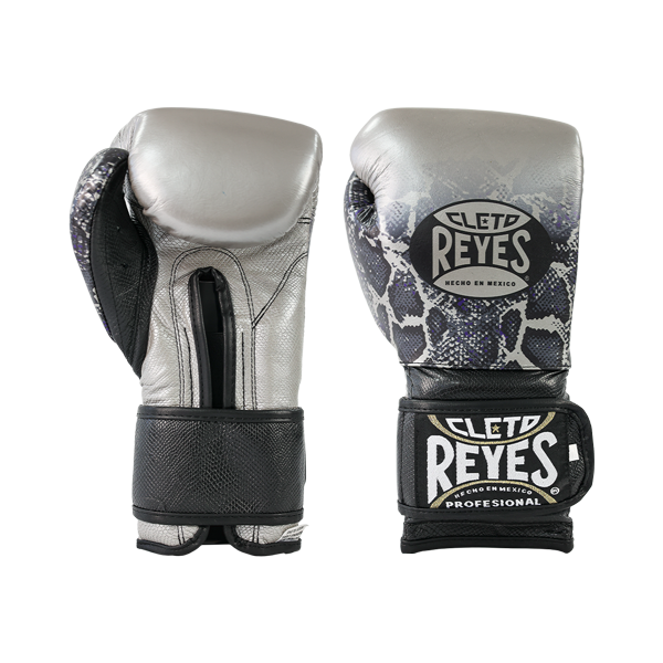 CLETO REYES TRAINING BOXING GLOVES WITH HOOK AND LOOP CLOSURE – SILVER/BLACK STEEL SNAKE